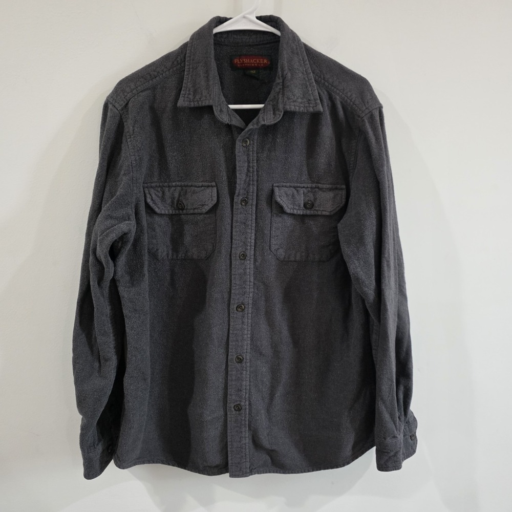 Flyshacker Mens Flannel Button Up Shirt Size Large Gray Cotton Camping Cozy